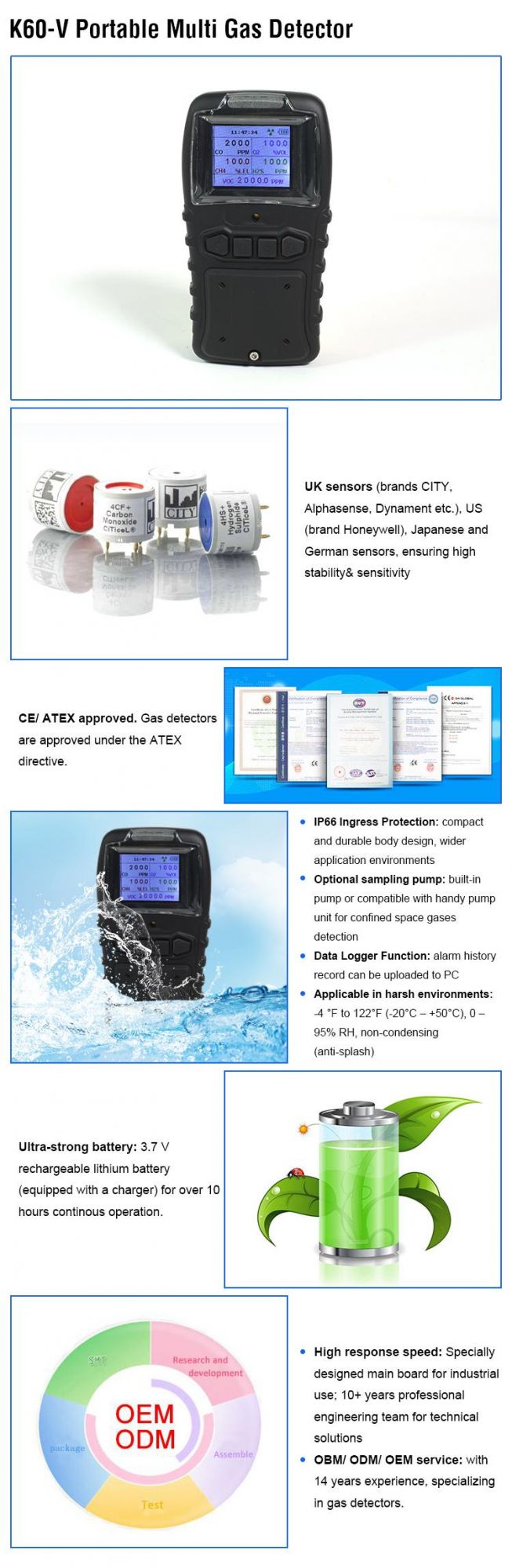 Portable 4/5 Gases Detector with City Sensors for Toxic and Combustible Gases Detection