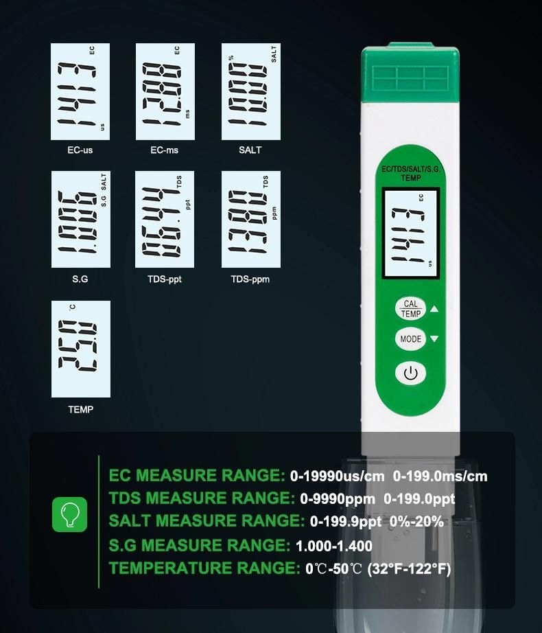 Pen Type 5 in 1 TDS Ec Salt S. G. Temperature Meter Ppm Electric Conductivity Salinity Tester