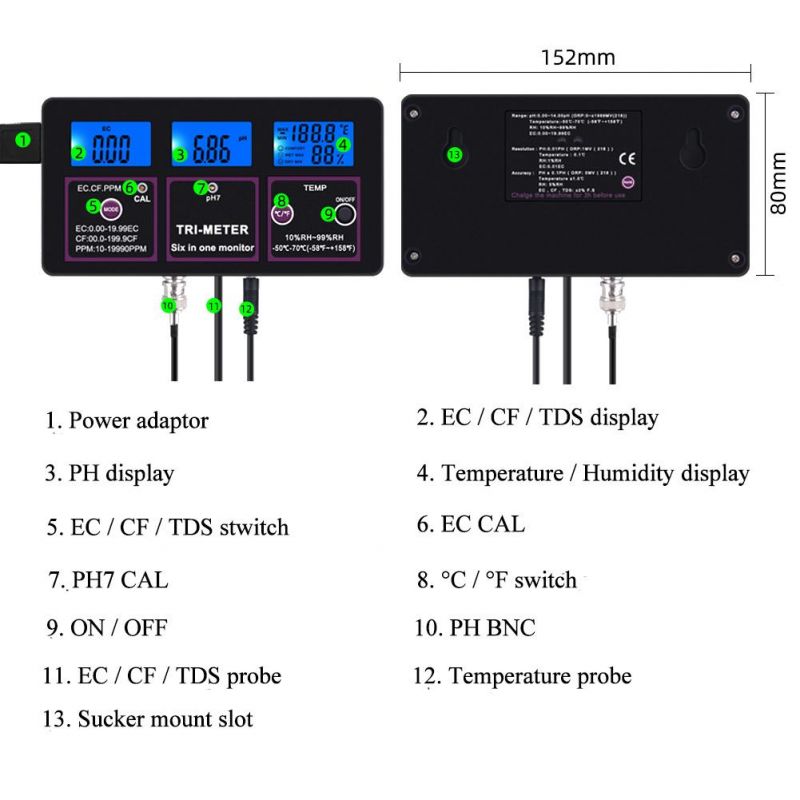 6 in 1 pH Ec CF Rh TDS Temp Tester