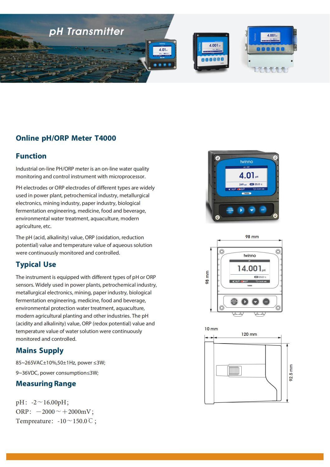 New Product Color LCD Display Online pH/ORP Meter 4-20mA RS485