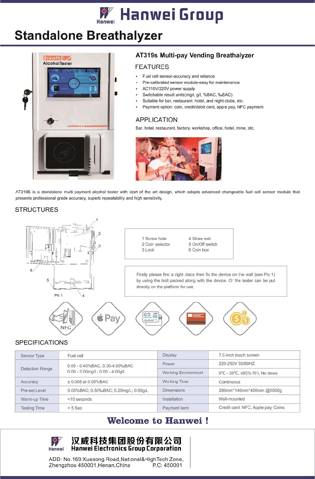 At319s Wall Mounted Quick Screening Alcohol Tester/Breathalyzer with Multiple Payment Options