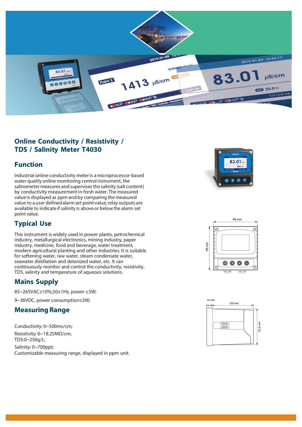 Industrial Digital Online Conductivity Salinity TDS Resistivity Meter RS485 4~20mA
