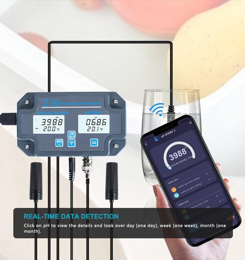 WiFi 6 in 1 pH Ec TDS Salt S. G. Temperature Meter APP Online Acidimeter Electric Conductivity Ppm Water Quality Tester