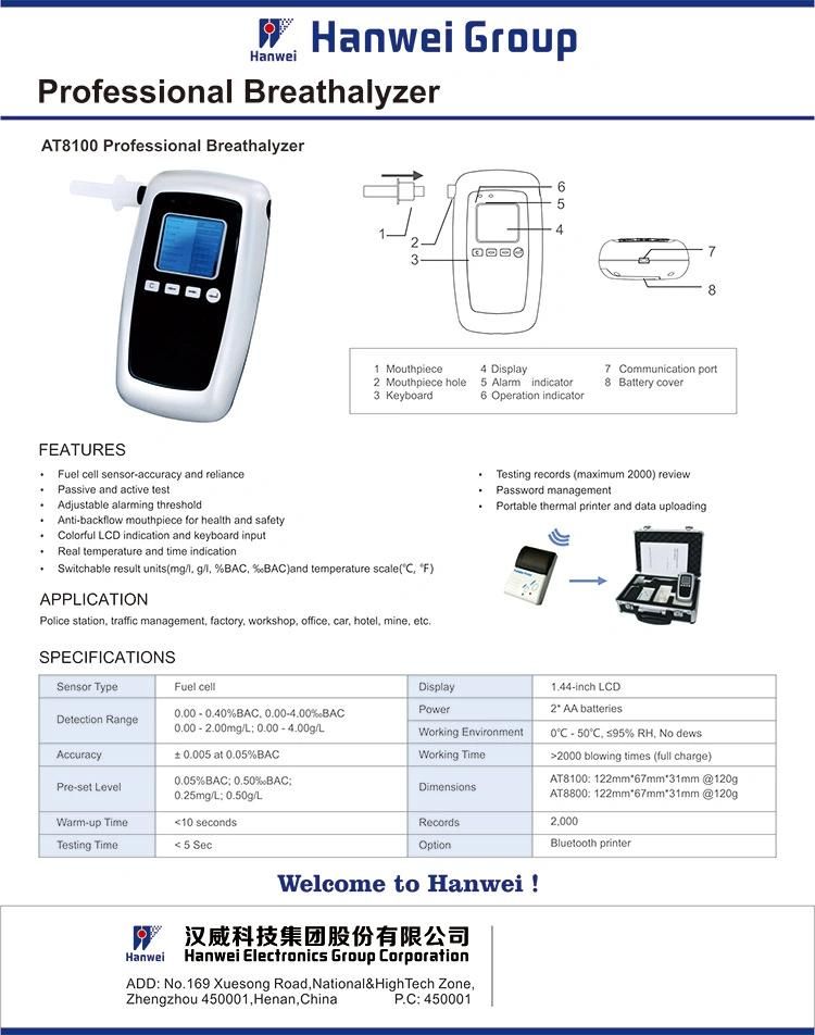 At8100 Portable Breathalyzer with Bluetooth Printer for Law Enforcement