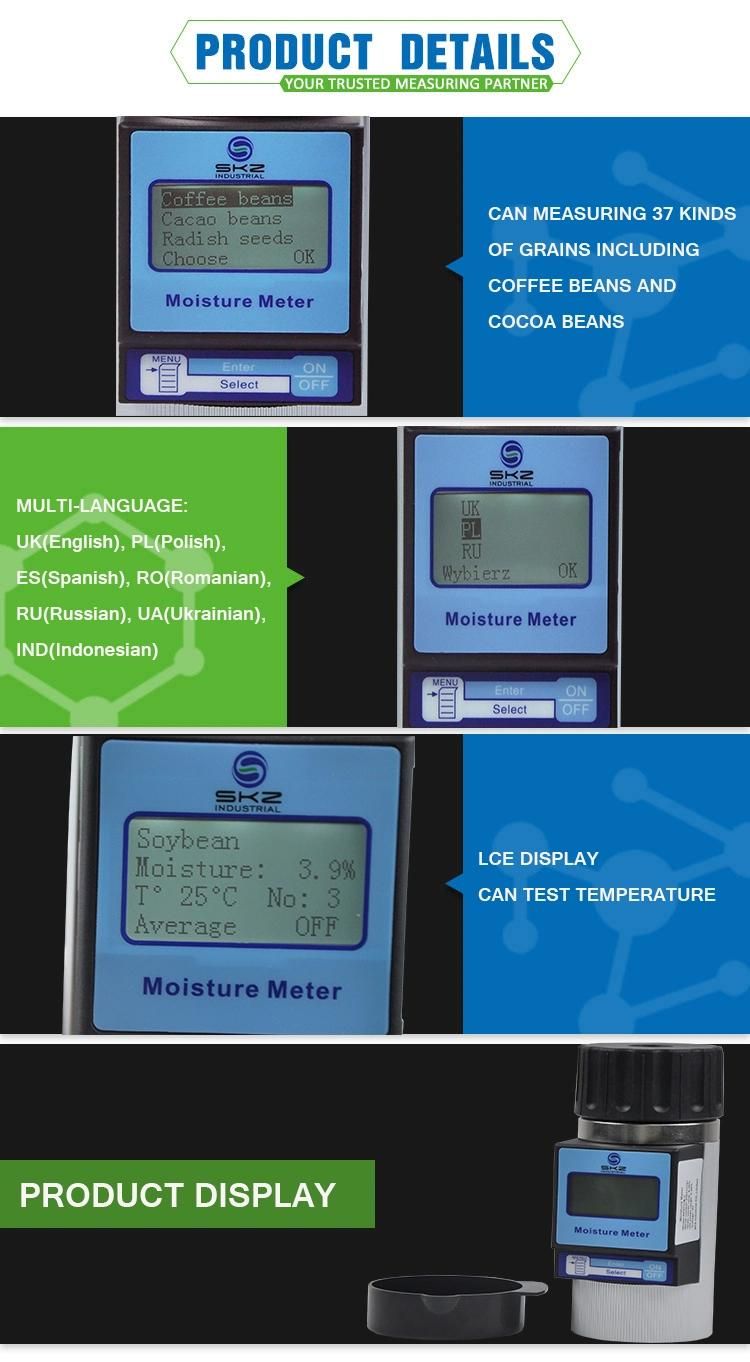 Skz111b-2 Portable Multi-Language Menu Type 37 Kinds Grains Moisture Content Reader Rye Bran Wheat Groats Rapeseed Water Content Measuring Moisture Test Device