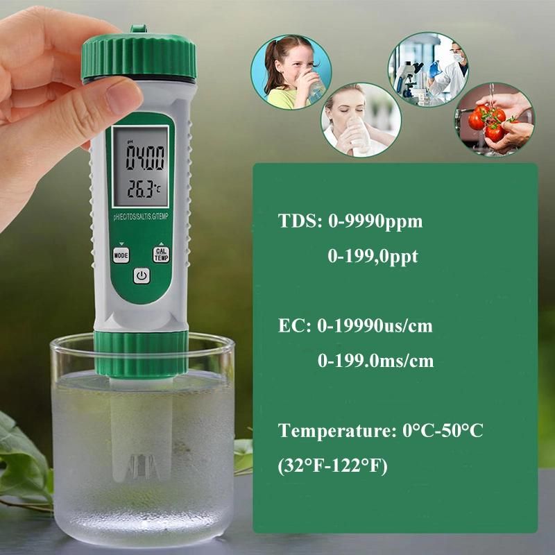 Digital 6 in 1 pH TDS Ec Salt S. G. Temp Meter Acidimeter Ppm Electric Conductivity Salinity Water Quality Tester