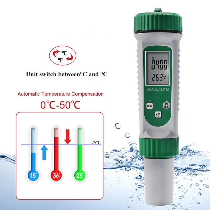 Digital 6 in 1 pH TDS Ec Salt S. G. Temp Meter Acidimeter Ppm Electric Conductivity Salinity Water Quality Tester