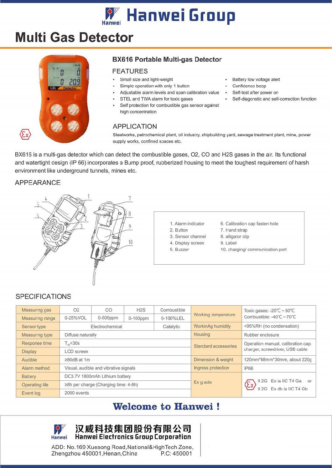 Bx616 4-in-1 Portable Gas Detector Outdoor/Indoor Electrochemical/Catalytic Sensor H2s/Co/O2/CH4