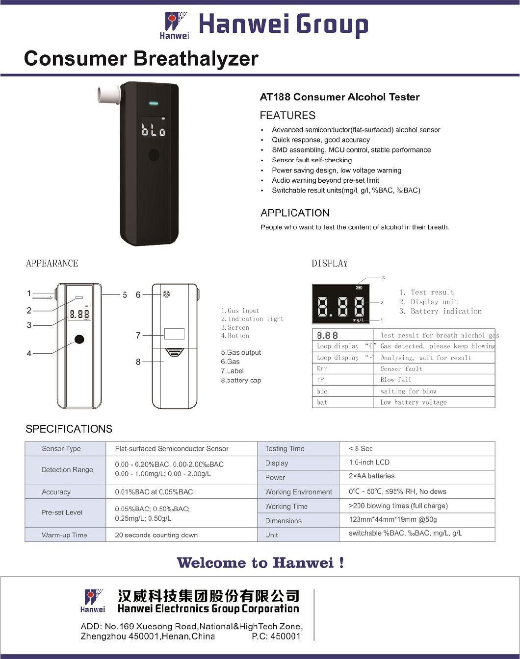 Quick Resume Time Direct Testing Portable Personal Digital Breathalyzer (AT188)