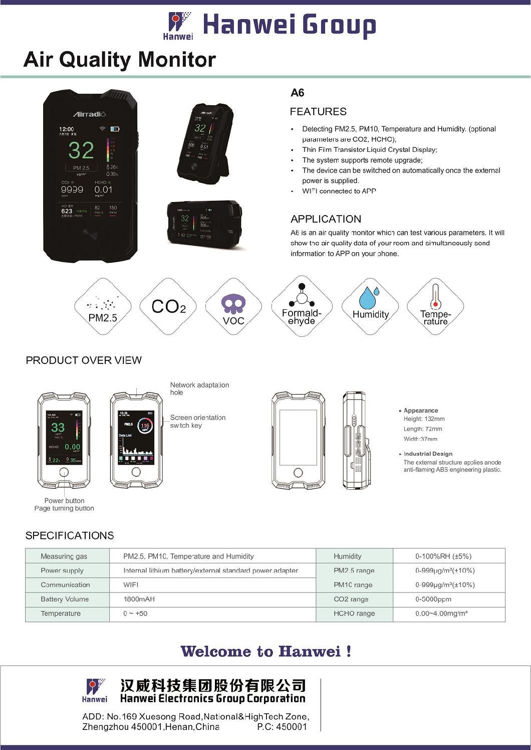 A6 Multi Function Formaldehyde Pm2.5 Pm10 CO2 Air Quality Monitor with HD TFT LCD Display