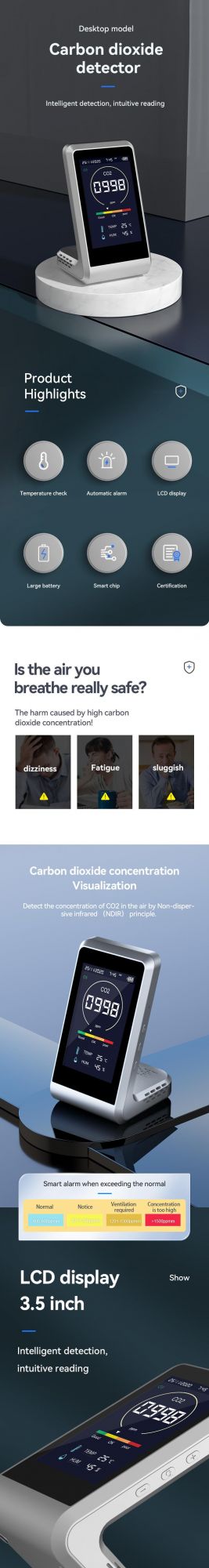 Accurate and Stable Data CO2 Detector with Alarm Function