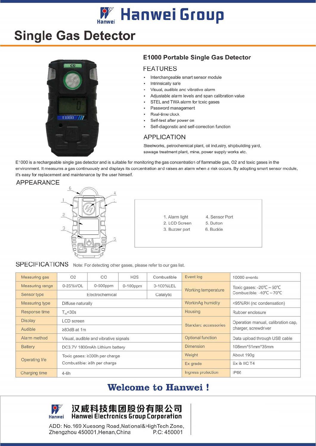 Portable Combustible Toxic Gas Detector E1000 for Various Gas CH4, Co, H2s, Nh3, Cl2, No, Voc