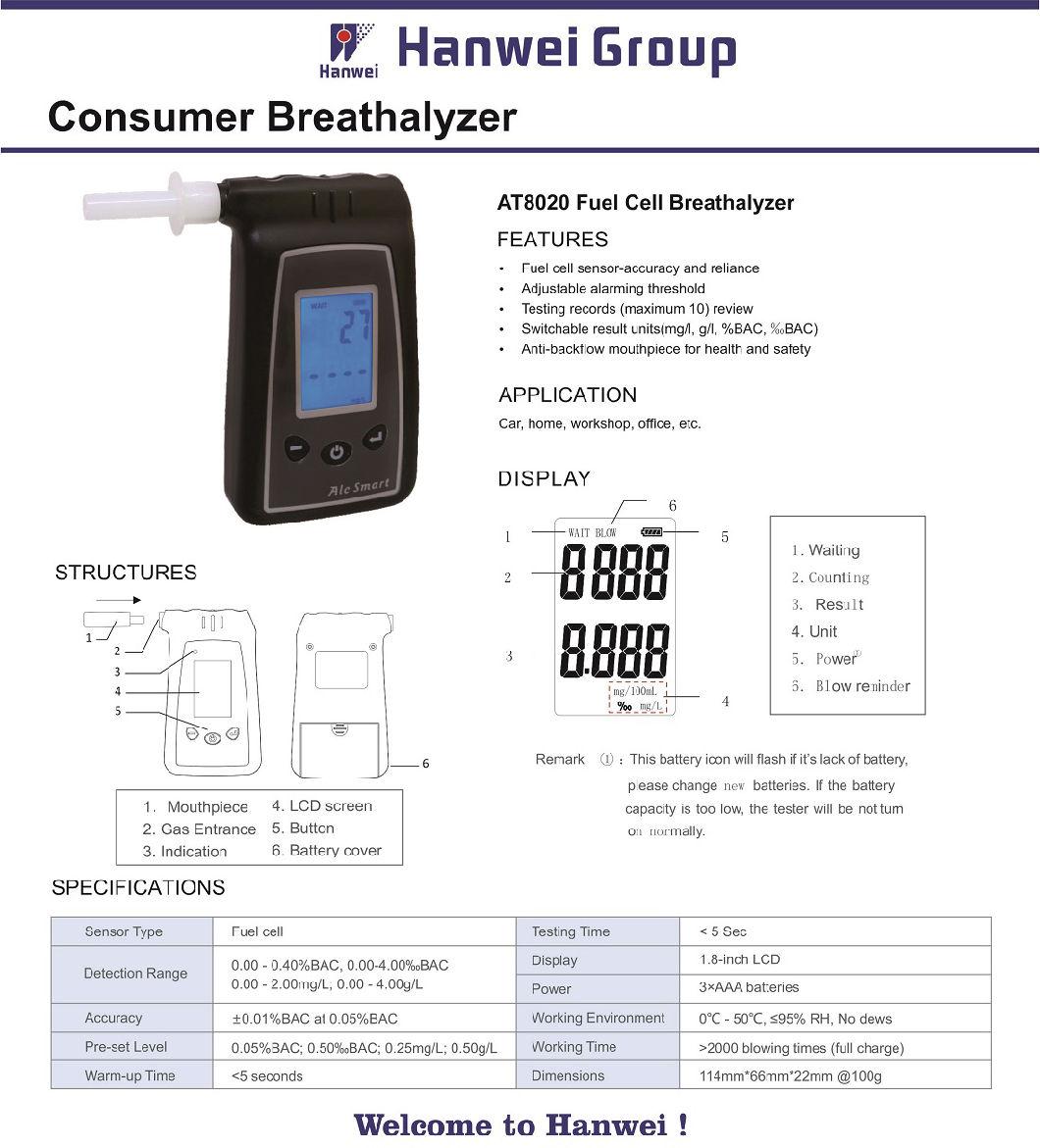 At8020 Fuel Cell Sensor Alcohol Tester High Quality Breathalyzer for Consumer Use