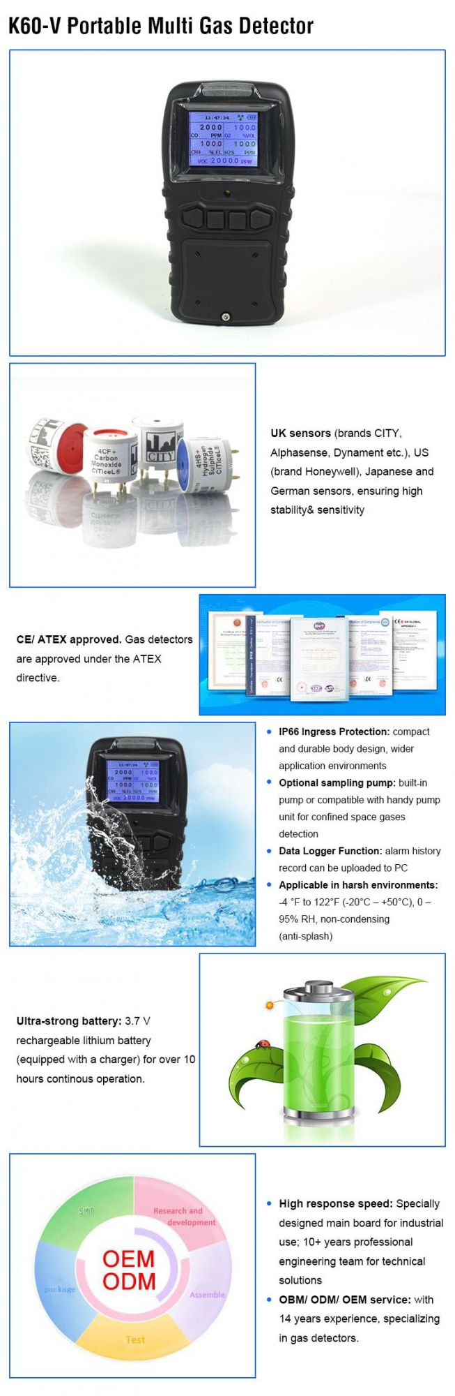 Ce Certified Multi-Gas Detector for 4 Gases Detection