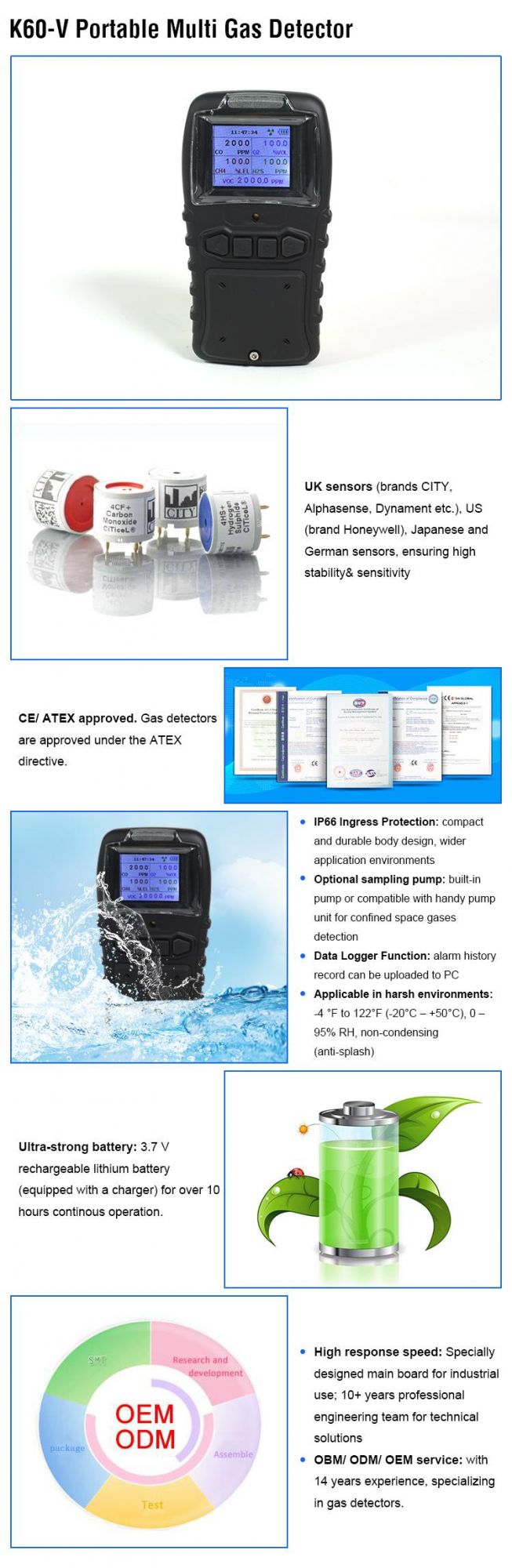 CE Approved Multi Toxic Combustible Gases Detector Rechargeable Li-ion Battery