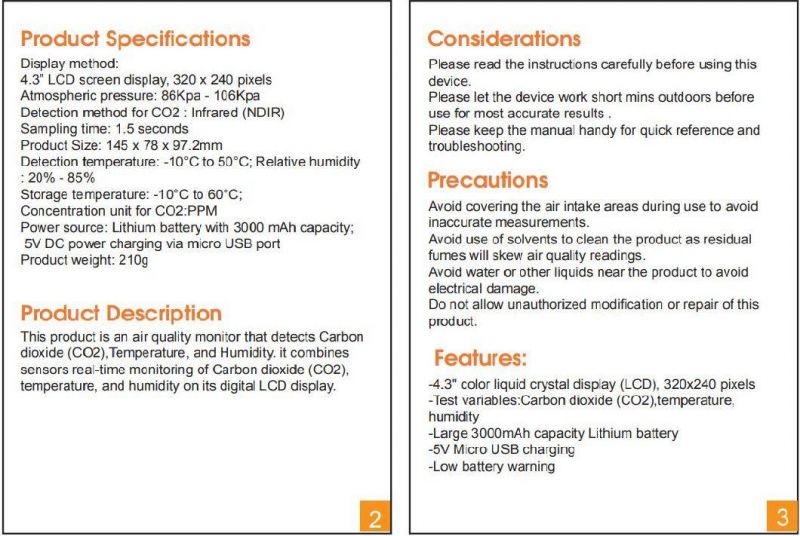 High Resolution Screen CO2 Meter Monitor Air Quality Monitor CO2 Meters Portable CO2 Detector Indoor