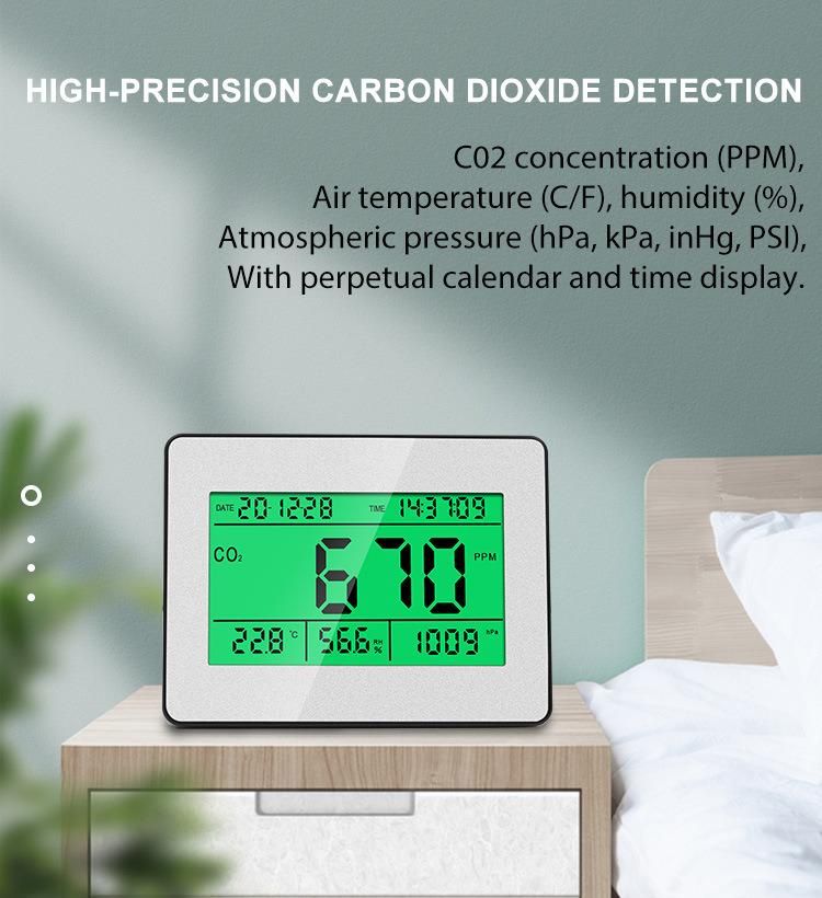 5 in 1 Humidity Time Display Air Quality Monitor Carbon Dioxide Detector with Green Backlight