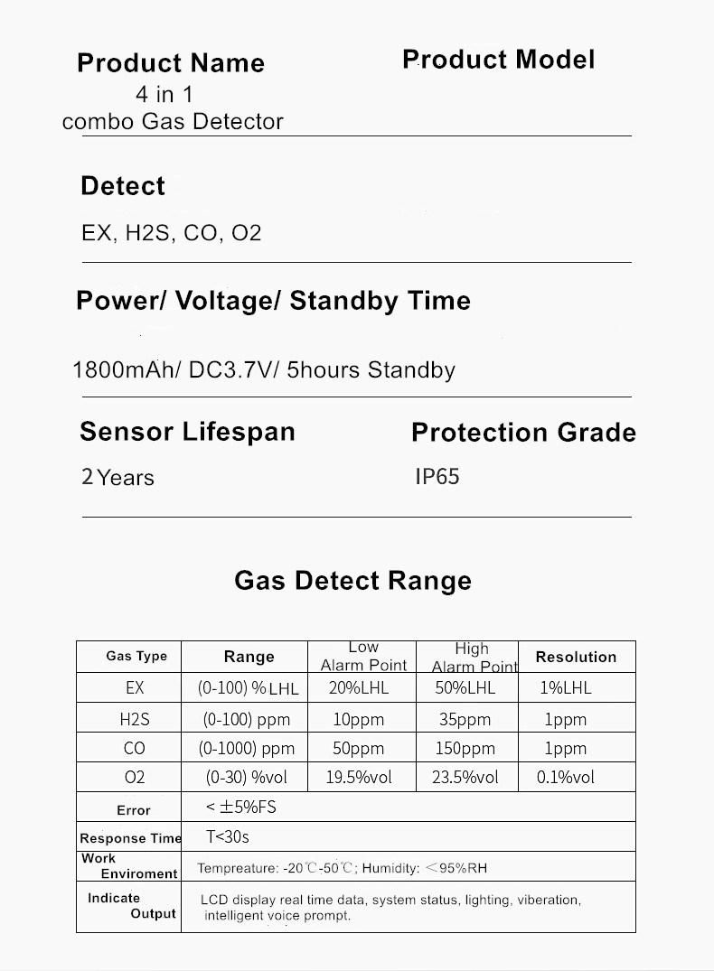 4 in 1 Ex O2 H2s Co Gas Detector