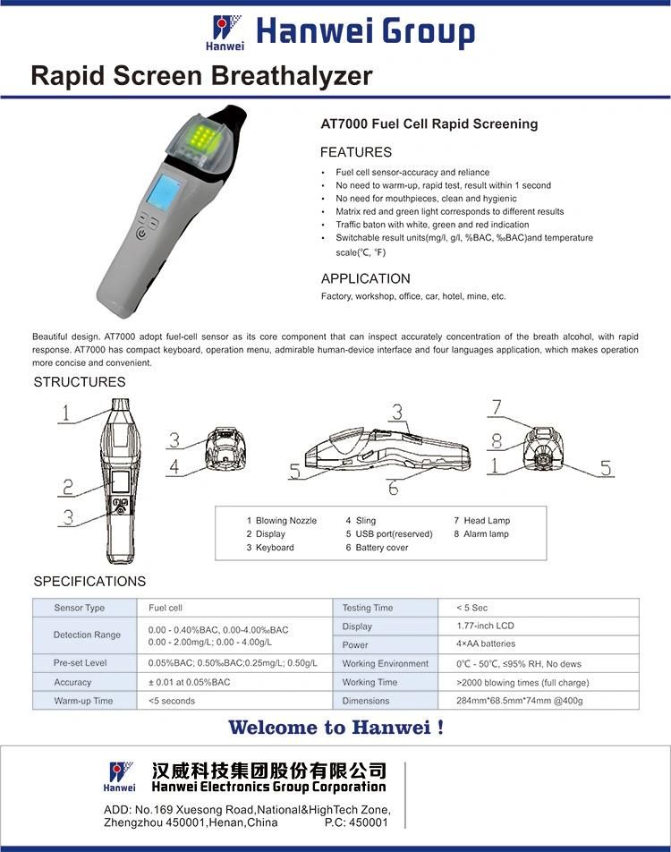 At7000 Handheld Rapid Screen Alcohol Tester Fuel Cell Sensor Breathalyzer to Police Use