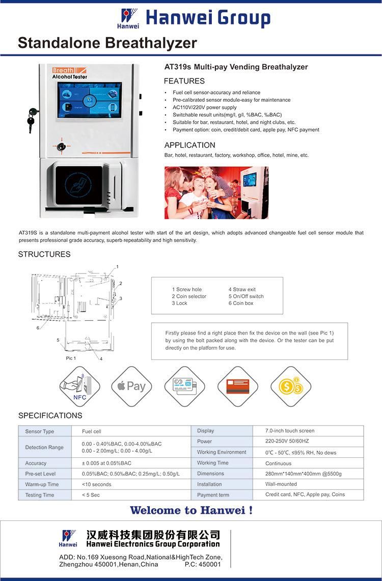 At319s Wall Mounted Multi-Pay Operated Breathalyzer 7.0-Inch Touch Screen with Visual and Audio Guide