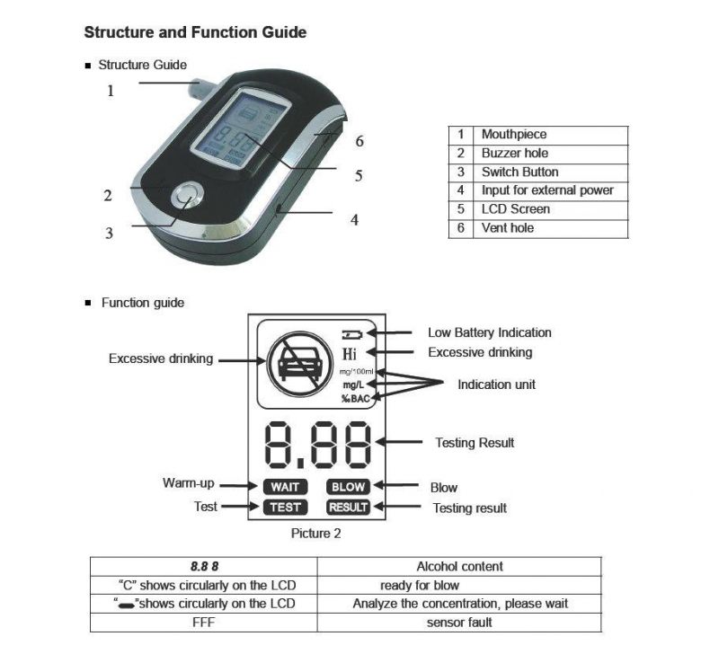 At6000 High Accuracy Test Result and LCD Breath Alcohol Tester Safety for Drivers