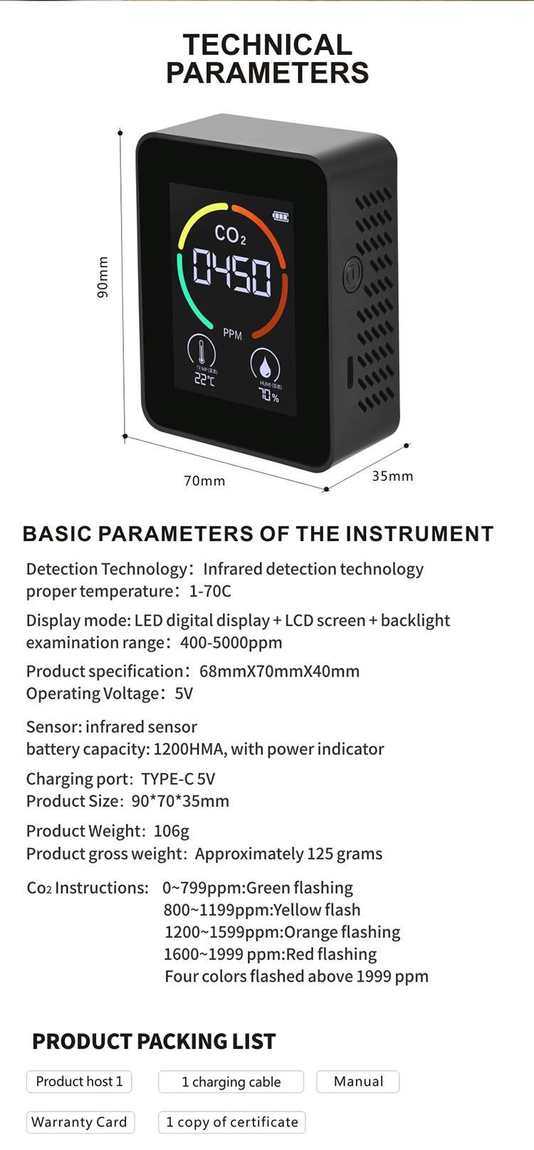 Portable Desktop Carbon Dioxide Air Detector CO2 Analyzer with Temperature Humidity