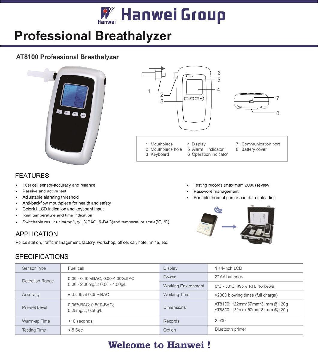 At8100 Alcohol Tester with Bluetooth Printer for Police Breathalyzer