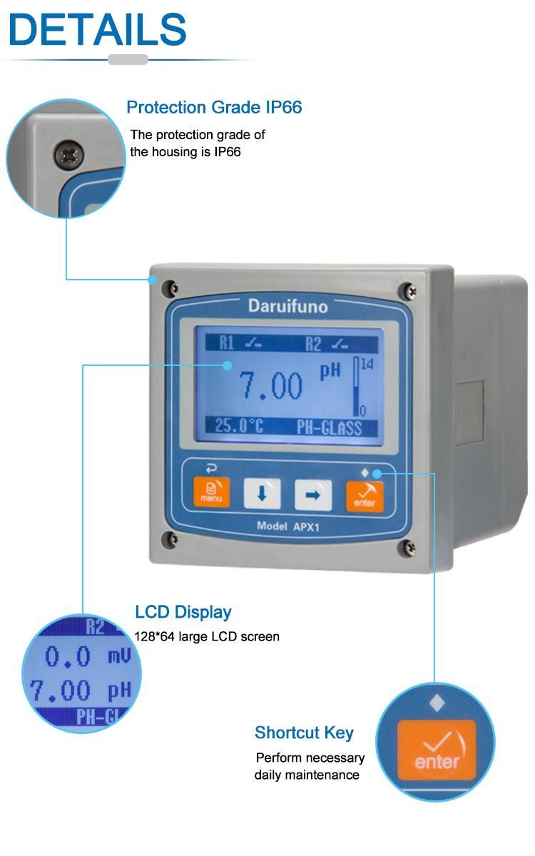 pH ORP Testing Analyzer with Two Relays for Dosing and Pump Controlling