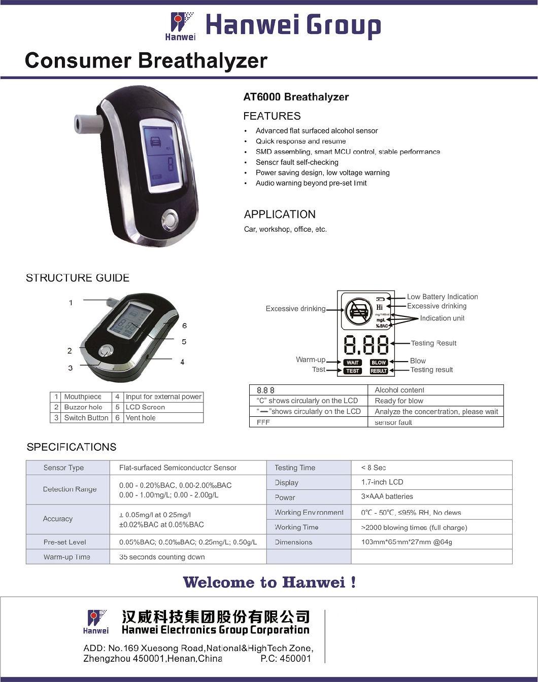 At6000 Portable LCD Digital Breath Alcohol Tester