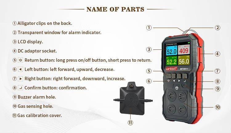 Wt8811 Color-Screen Display Compound 4 in 1 Gas Monitor for Combustible Gas Oxygen Hydrogen Sulfide Carbon Monoxide