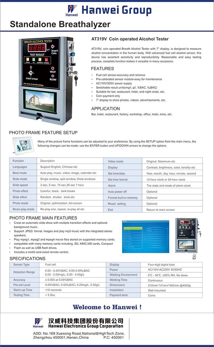 Fuel Cell Breathalyzer Coin Operated Alcohol Tester for Bar/Hotel (AT319V)