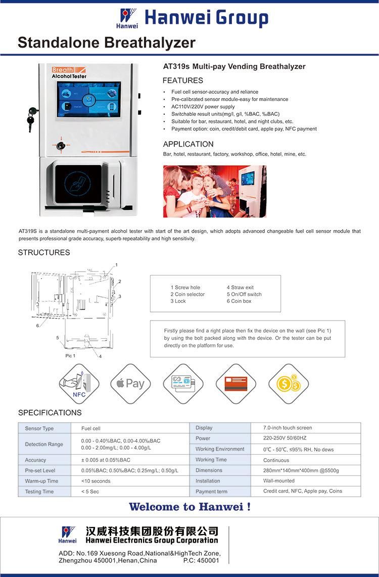 Standalone Breathalyzer Vending Machine with Coin, Credit/Debit Card, Apple Pay, NFC Payment Options