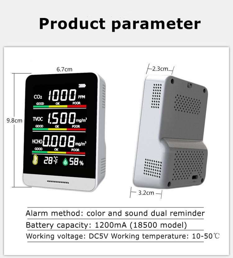 5 in 1 Multifunctional Digital Air Quality Detector CO2/Tvoc/Hcho/Temperature/Humidity Monitoring CO2 Meter