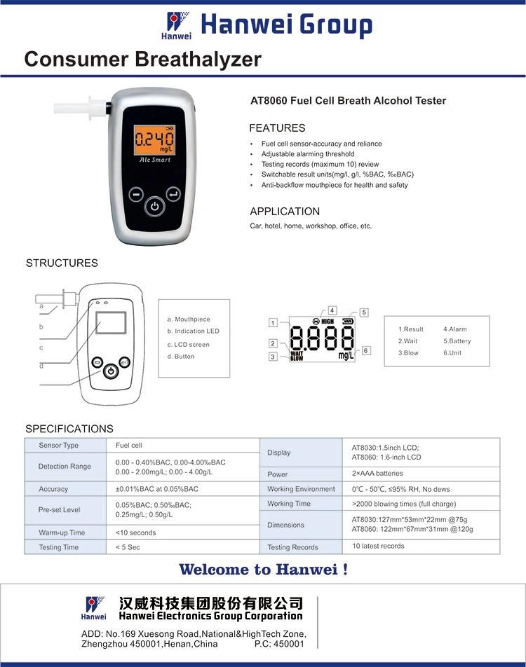 Passive and Active Test Mode Commercial Personal Use Breathalyzer (AT8060)