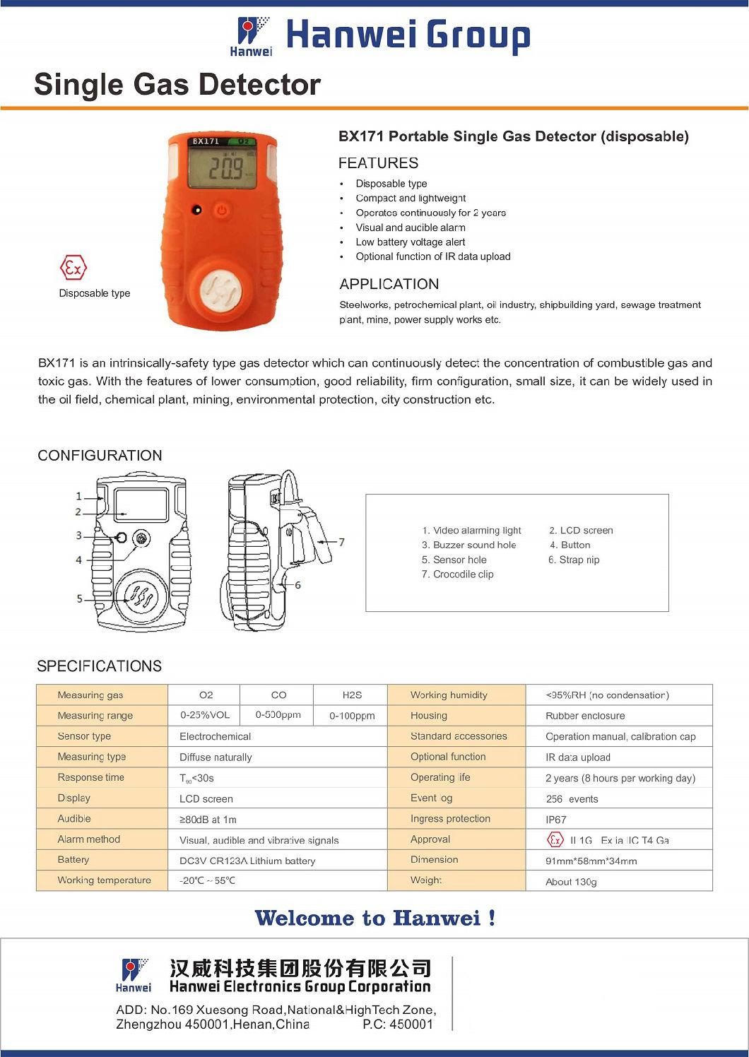 Atex Certified Maintenance Free Portable Co 0-1000ppm Single Gas Detector (BX171)