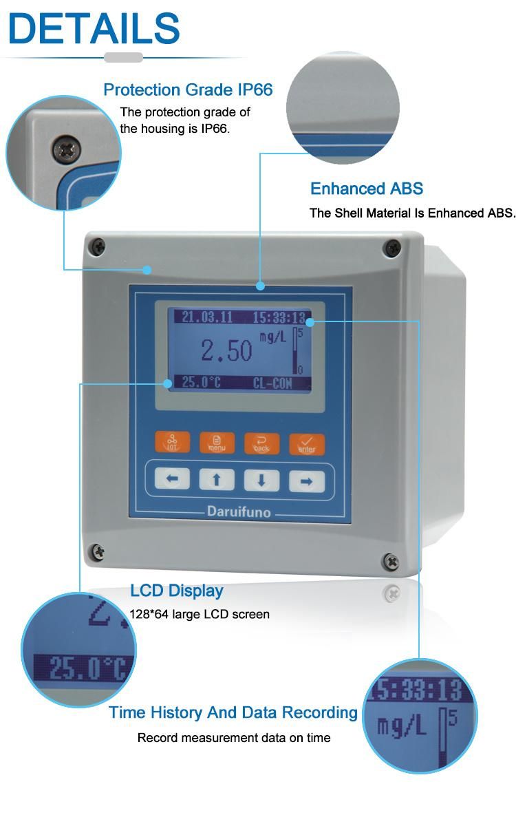 Handheld Temperature Compensation pH Free Residual Chlorine Meter Transmitter with Sensor Probe