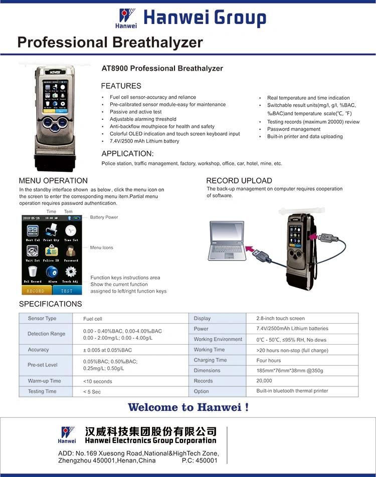 Professional Fuel Cell Sensor Breathalyzer with 2.83 Inch Touch Screen (AT8900)