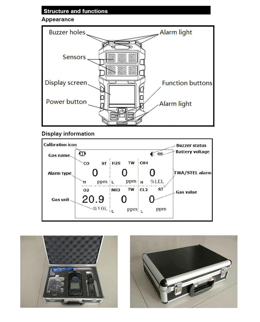 Portable Natural Diffusion Type or Built-in Pump 6 Gas Multi-Gas Detector Alarm Real-Time