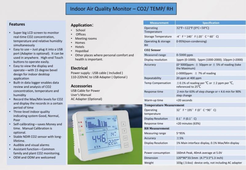 Desktop CO2 Monitor Alarm Air Quality Meter with Touch Buttons for Temperature Humidity CO2 Meter