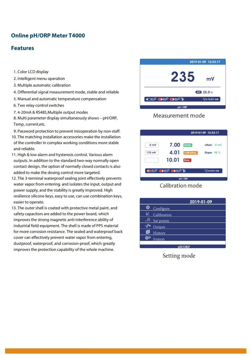 New Product Color LCD Display Online pH/ORP Meter 4-20mA RS485