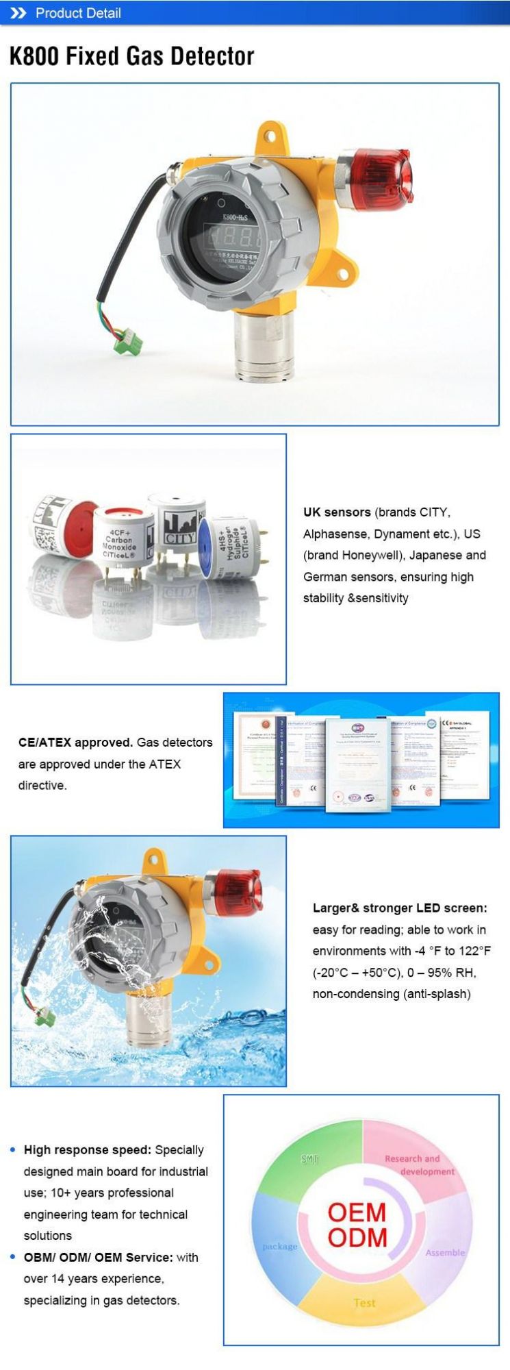Industrial Gas Detector Factory Gas Safety Monitoring Cl2, So2 Gas Leak Detector