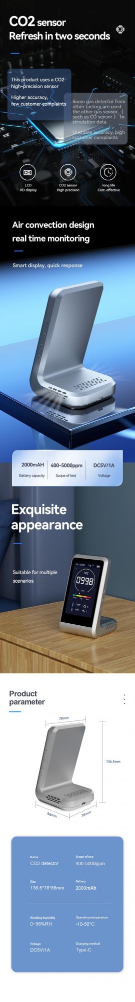 Portable Type-C Rechargeable 2000 Ma Long Battery Life High-Precision Gas Temperature and Humidity Analyzer CO2 Detector