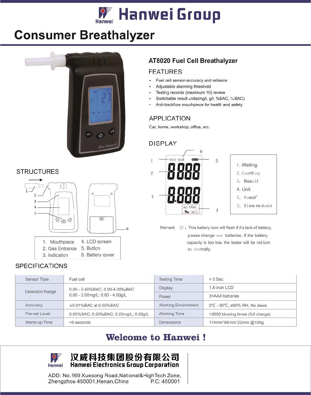 Factory Supply Compact Size Accurate Digital Alcohol Tester Personal Breathalyzer (AT8020)