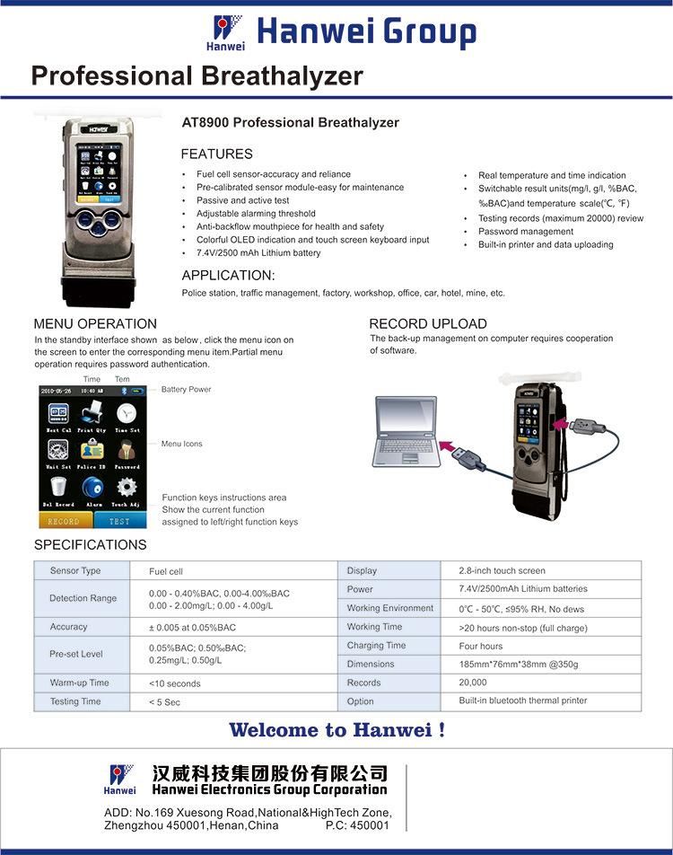 Professional Police Use Digital Breath Alcohol Tester At8900 Breathalyzer with Touch Screen and Built-in Printer