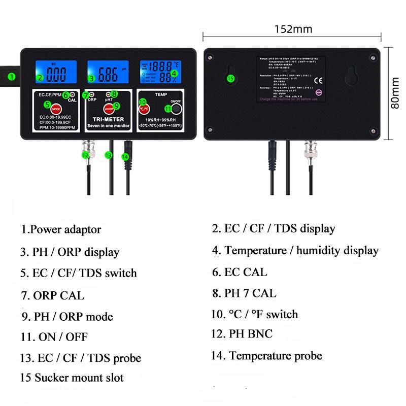 Multiparameter 7 in 1 pH Ec CF Rh TDS Ppm ORP Temp Meter Tester Acidimeter Electric Conductivity Redox Water Tester