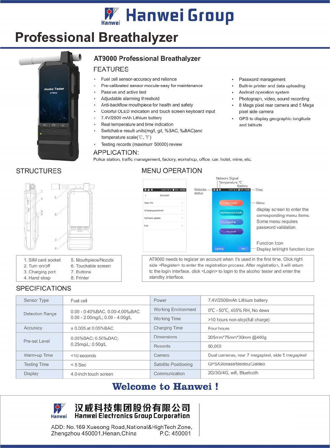 Law Enforcement Alcohol Tester Touch Pane Display Fuel Cell Breathalyzer with Printer and Carrying Case