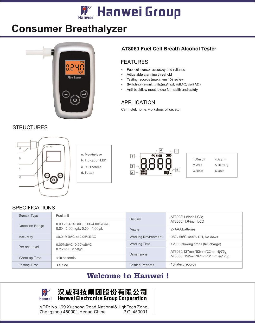 Portable Alcohol Breathalyzer with 1.8 Inch LCD Digital Display (AT8060)