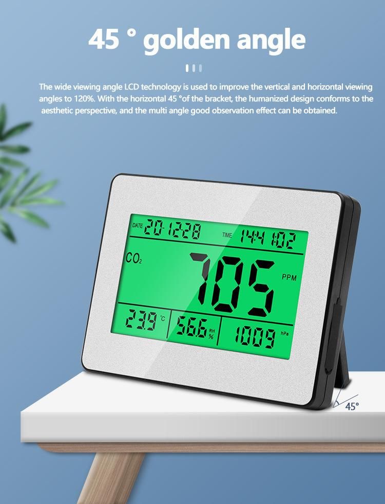 5 in 1 Humidity Time Display Air Quality Monitor Carbon Dioxide Detector with Green Backlight