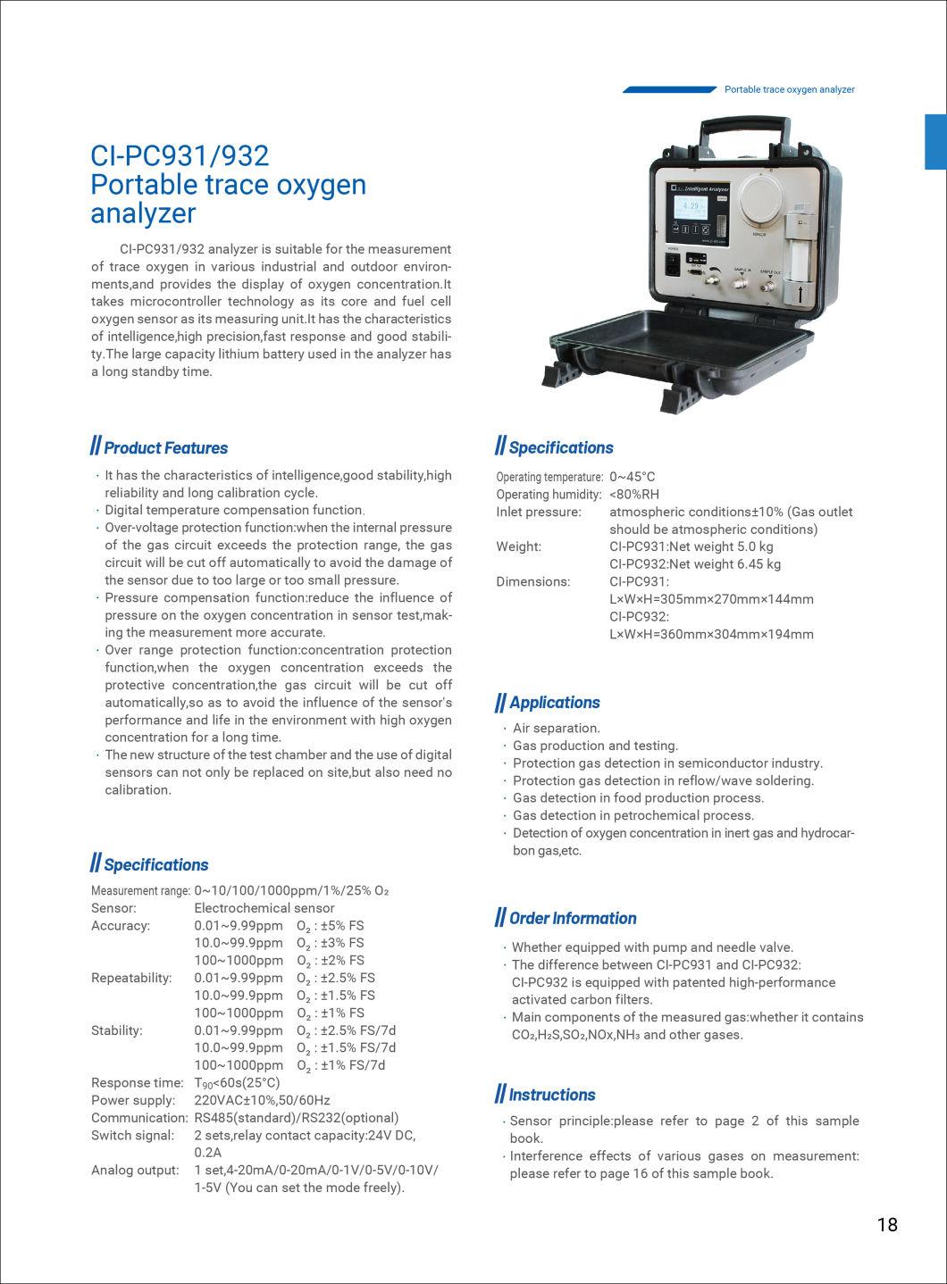 Ci-PC931/932 Portable Trace Oxygen Analyzer