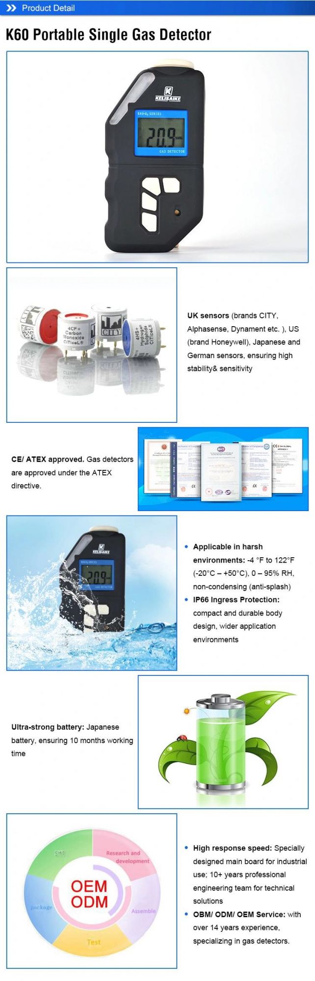 Battery Operated Portable Ethylene Gas Detector 0-100%Lel Combustible Gas Monitor